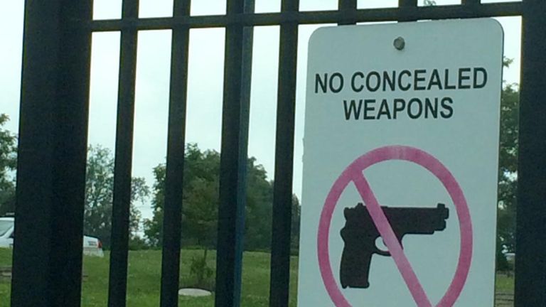 A sign outside a gate at Fort Leavenworth military base in Kansas USA. Pic: Claire Hills