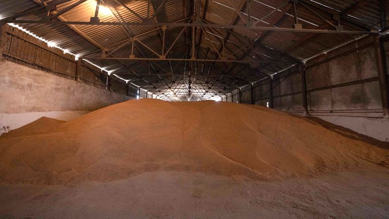A wheat warehouse belonging to Ivan Kilgan, head of the regional agricultural association village, in Luky village, in western Ukraine, on  March 25, 2022. Pic: AP