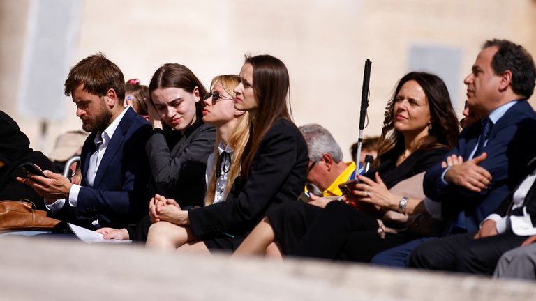 Wives of Ukrainian Azov soldiers currently trapped inside the Azovstal Iron and Steel Works in Mariupol attend the weekly general audience held by Pope Francis at the Vatican, May 11, 2022. REUTERS/Guglielmo Mangiapane
