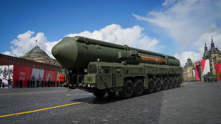 Russian RS-24 Yars ballistic missile rolls during the Victory Day military parade in Moscow, Russia, Monday, May 9, 2022, marking the 77th anniversary of the end of World War II. (AP Photo/Alexander Zemlianichenko)    
PIC:AP                                                                                                                                                                                              