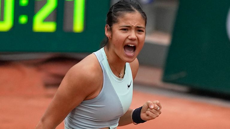 Britain&#39;s Emma Raducanu clenches her fist after scoring a point against Linda Noskova of the Czech Republic during their first round match at the French Open tennis tournament in Roland Garros stadium in Paris, France, Monday, May 23, 2022. (AP Photo/Michel Euler)