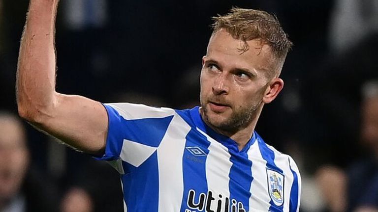 Jordan Rhodes celebrates his goal for Huddersfield Town against Luton Town in the Championship play-off semi-final second leg