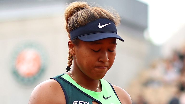 Naomi Osaka of Japan reacts after losing against Amanda Anisimova of USA during the Women&#39;s Singles First Round match on Day 2 of The 2022 French Open at Roland Garros on May 23, 2022 in Paris, France. (Photo by Ryan Pierse/Getty Images)