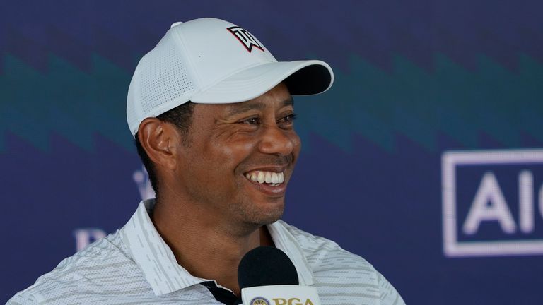Tiger Woods speaks during a news conference at the PGA Championship golf tournament, Tuesday, May 17, 2022, in Tulsa, Okla. (AP Photo/Matt York) 