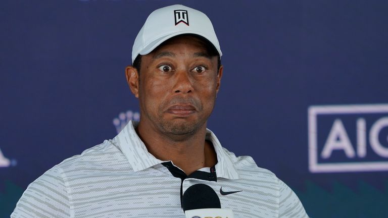 Tiger Woods reacts during a news conference at the PGA Championship golf tournament, Tuesday, May 17, 2022, in Tulsa, Okla. (AP Photo/Matt York) 