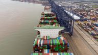 The world&#39;s largest cargo ship Ever Ace, holder of the record for most containers loaded onto a single ship, arrives at the Port of Felixstowe in Suffolk, Britain&#39;s biggest and busiest container port. Picture date: Sunday June 19, 2022.
