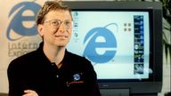 Bill Gates, CEO of Microsoft Corp., promotes Internet Explorer 4.0 in San Francisco, September 30. Microsoft Corp released the upgrade of its Internet browser with twenty major corporations pledging to use it, including General Mills and Toyota Motor Sales USA Inc. INTERNET MICROSOFT

