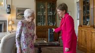 Queen Elizabeth II receives First Minister of Scotland Nicola Sturgeon during an audience at the Palace of Holyroodhouse in Edinburgh, as part of her traditional trip to Scotland for Holyrood Week. Picture date: Wednesday June 29, 2022.

