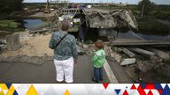 A broken bridge under construction to restore in Irpin near Kyiv. Pic: AP