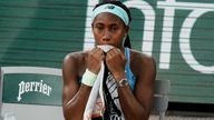 Coco Gauff of the U.S., reacts after losing the final against Poland&#39;s Iga Swiatek in two sets, 6-1, 6-3, at the French Open tennis tournament in Roland Garros stadium in Paris, France, Saturday, June 4, 2022. (AP Photo/Thibault Camus)