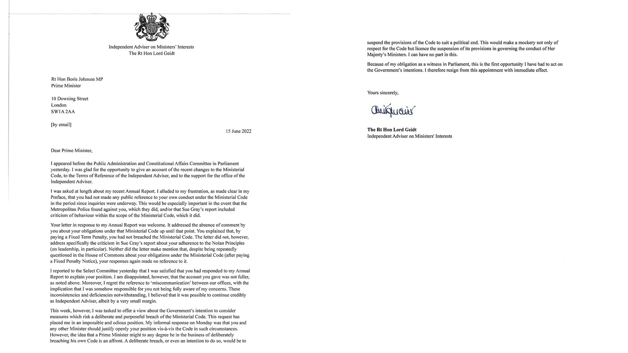 Lord Geidt And Boris Johnson's Letters In Full As Downing Street ...