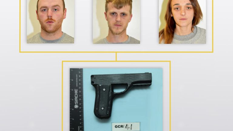 A partially constructed 3D printed firearm was found following the arrest of (left to right) Daniel Wright, Liam Hall and Stacey Salmon. Credit: CTPNE