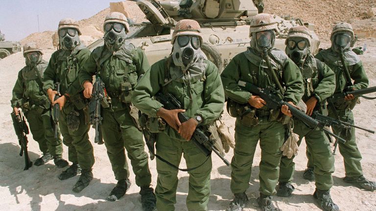 NATO troops, like these training for the Gulf War in 1990, routinely used to prepare for nuclear, biological and chemical warfare in case the weapons were used by the Soviets. Pic: AP