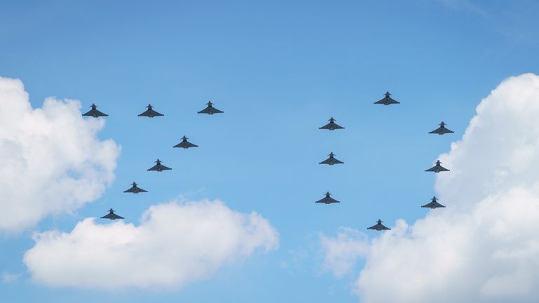 Aircraft spell out &#39;70&#39; during a flypast at the conclusion of the Trooping the Colour ceremony at Horse Guards Parade, central London, as the Queen celebrates her official birthday, on day one of the Platinum Jubilee celebrations. Picture date: Thursday June 2, 2022.
