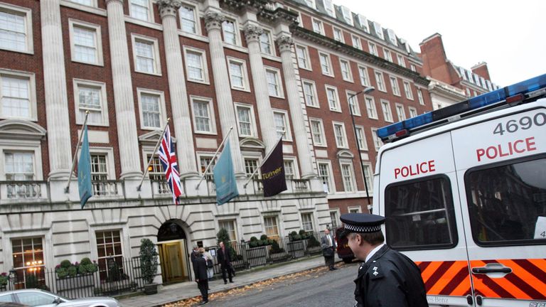 Police officers outside the Millennium Mayfair hotel in central London, one of the locations where former Russian spy Alexander Litvinenko visited before he claimed to have been poisoned by the country's government and killed by the substance radioactive in the body, it was revealed.