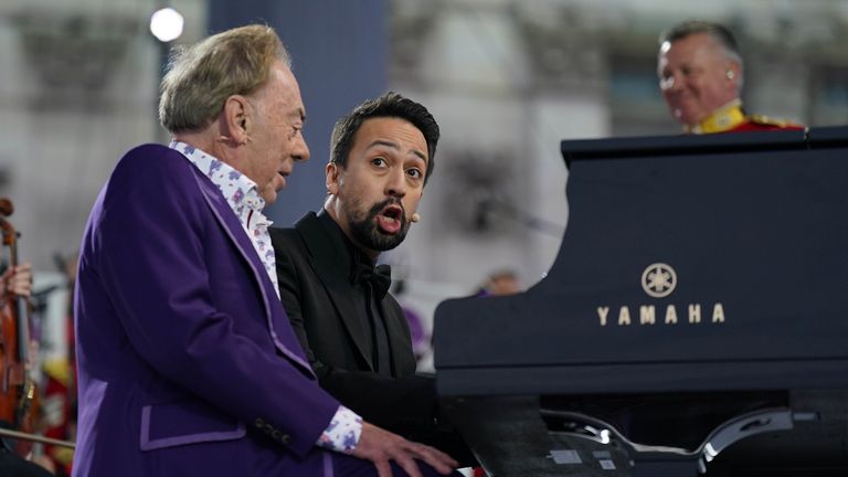  Lord Andrew Lloyd Webber and Lin-Manuel Miranda perform during the Platinum Party at the Palace staged in front of Buckingham Palace, London, on day three of the Platinum Jubilee celebrations for Queen Elizabeth II. Picture date: Saturday June 4, 2022.
