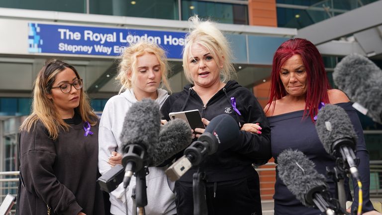 Archie Battersbee&#39;s mother, Hollie Dance, (centre-right) speaking outside the Royal London Hospital in Whitechapel, east London, after the High Court judgement on the future of the 12-year-old boy at the centre of a life-support treatment dispute after suffering brain damage. Archie suffered brain damage in an incident at home in early April. Issue date: Monday June 13, 2022.

