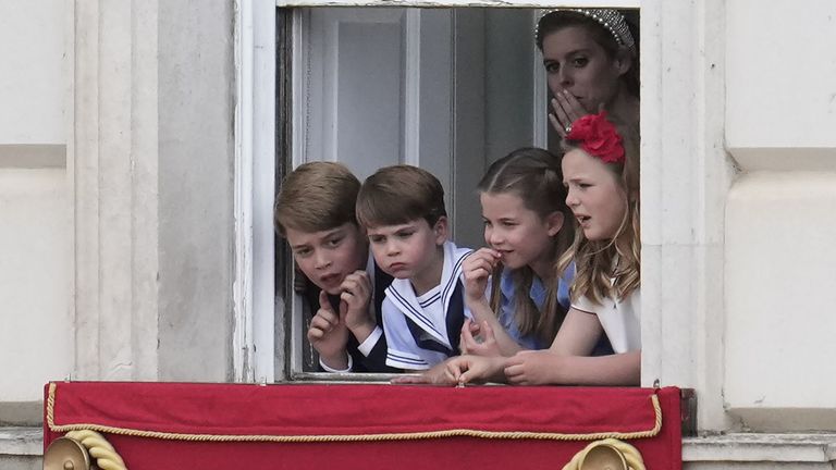 Prince George, Prince Louis, Princess Charlotte, Mia Grace Tindall and Princess Beatrice watch the Trooping of the Colour ceremony at Horse Guards Parade, central London, as the Queen celebrates her official birthday, on day one of the Platinum Jubilee celebrations. Picture date: Thursday June 2, 2022.
