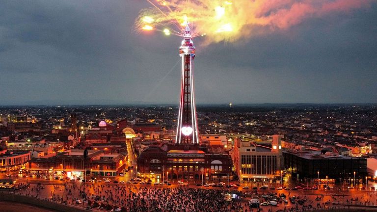 Fireworks explode above Blackpool Tower during the lighting of the Principal Platinum Jubilee Beacon ceremony during the Queen&#39;s Platinum Jubilee celebrations, in Blackpool, Britain, June 2, 2022. Picture taken with a drone. REUTERS/Molly Darlington