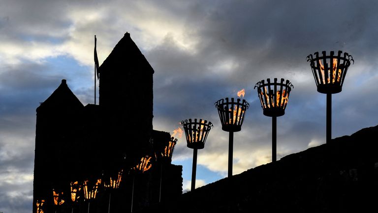 A general view of the beacons on the Enniskillen castle, during celebrations of Britain&#39;s Queen Elizabeth II&#39;s Platinum Jubilee Beacon lighting, in Enniskillen, Northern Ireland June 2, 2022. REUTERS/Clodagh Kilcoyne
