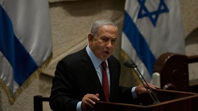 Former Israeli Prime Minister Benjamin Netanyahu speaks at the opening of the summer session of the Knesset Parliament, Israel, in Jerusalem, Monday, May 9, 2022. Less than a year after taking office, Prime Minister Naftali Bennett has died.  parliamentary majority, his party is collapsing and a key government partner has suspended cooperation with the coalition.  That has set the stage for a possible attempt by the opposition, led by Netanyahu, to topple the government later this week.  (AP