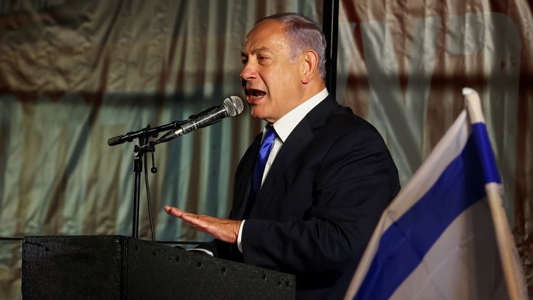 Benjamin Netanyahu speaks during a rally in Jerusalem in April