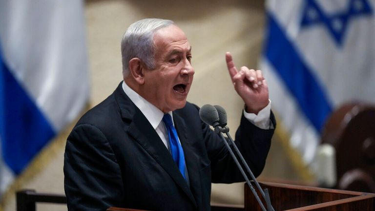 Benjamin Netanyahu speaks at Knesset ahead of the vote on a bill to dissolve parliament Pic: AP 