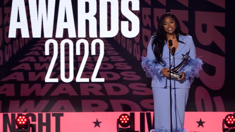 Jazmine Sullivan accepts the award for best female R&B/pop artist at the BET Awards on Sunday, June 26, 2022, at the Microsoft Theater in Los Angeles. (AP Photo/Chris Pizzello)