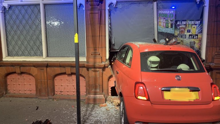 NUMBERPLATE PIXELATED AT SOURCE Handout photo issued by West Midlands Fire Service of car after it crashed into Shannon&#39;s pub in Bordesley Green, Birmingham, on Tuesday. Two women in the car suffered minor injuries. Picture date: Tuesday June 7, 2022.

