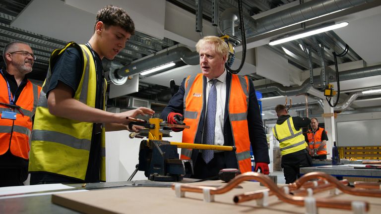 Prime Minister Boris Johnson meeting student Cassidy (no surname given) at Blackpool and The Fylde College in Blackpool, Lancashire where he announced new measures to potentially help millions onto the property ladder. Picture date: Thursday June 9, 2022.
