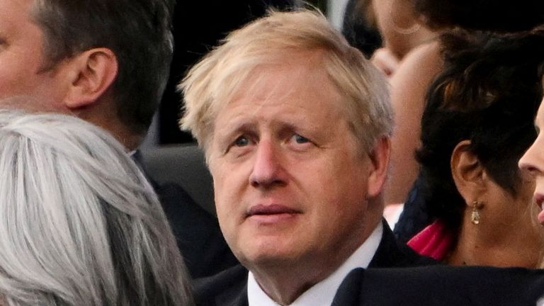 Britain&#39;s Prime Minister Boris Johnson reacts during Queen Elizabeth&#39;s Platinum Party, at Buckingham Palace, in London, Britain, June 4, 2022. Paul Ellis/Pool via REUTERS