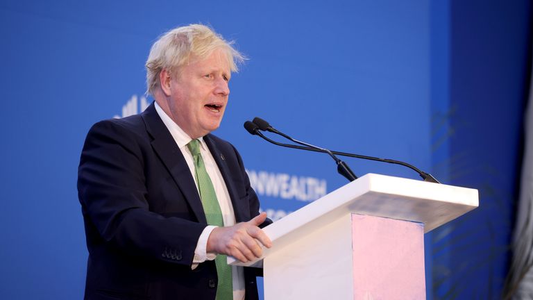 Prime Minister Boris Johnson gives a speech at a Business Forum, during the Commonwealth heads of government meeting in Rwanda. Picture date: Thursday June 23, 2022.
