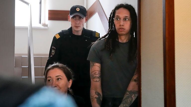 Brittney Griner escorted to a courtroom for a hearing in Khimki just outside Moscow. Pic: AP