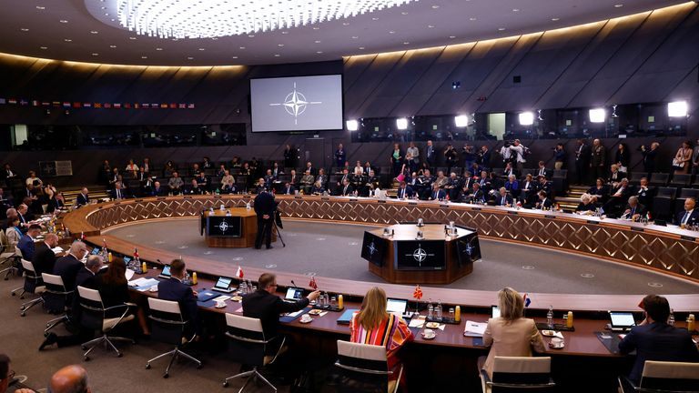 A general view of the hall during a meeting of NATO defence ministers at the Alliance's headquarters in Brussels, Belgium June 16, 2022. REUTERS/Yves Herman
