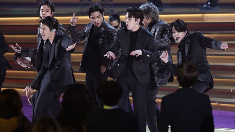BTS perform during the 64th Annual Grammy Awards show in Las Vegas, Nevada, U.S. April 3, 2022. REUTERS/Mario Anzuoni