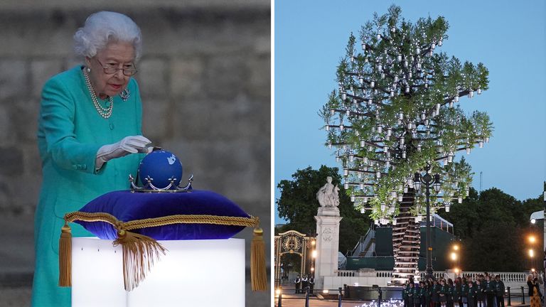 Queen Elizabeth II symbolically leads the lighting of the principal Jubilee beacon at Windsor Castle, and the tree of trees in Buckingham palace
