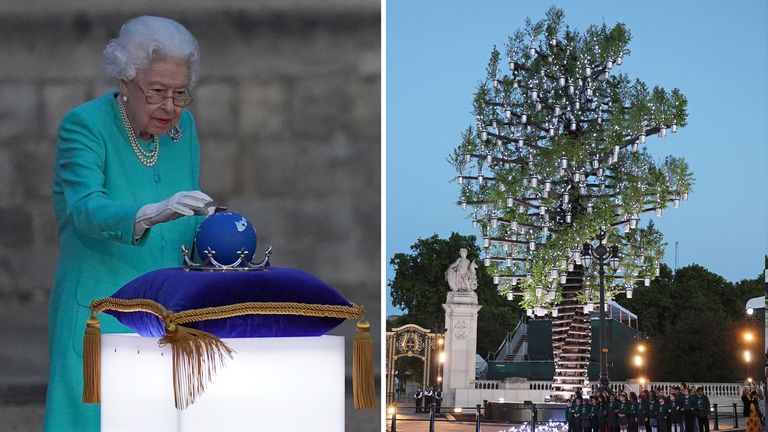 Queen Elizabeth II symbolically leads the lighting of the principal Jubilee beacon at Windsor Castle, and the tree of trees in Buckingham palace
