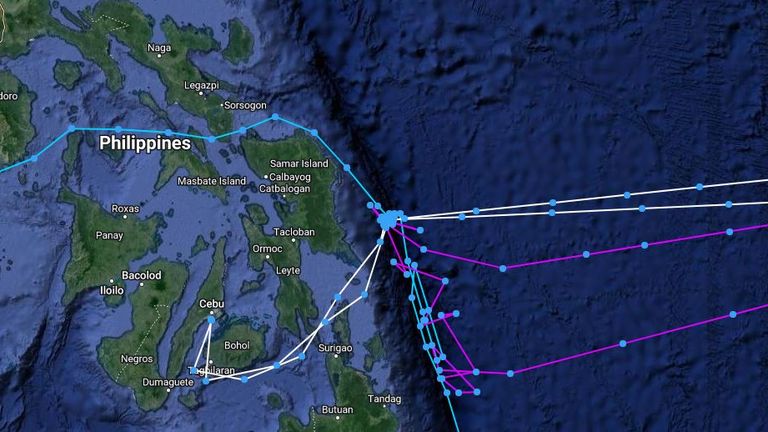 A screenshot of the Caladan Oceanic ship tracker, with the white line showing its vessels movements in the last week, focused off the coast of Samar Island. Pic: Caladan Oceanic