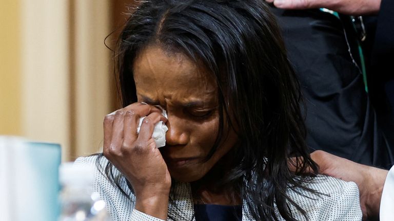 Serena Liebengood, widow of Capitol Police officer Howie Liebengood, cries as she attends the hearing of the U.S. House Select Committee to Investigate the January 6 Attack on the United States Capitol, on Capitol Hill in Washington, U.S., June 9, 2022. REUTERS/Jonathan Ernst