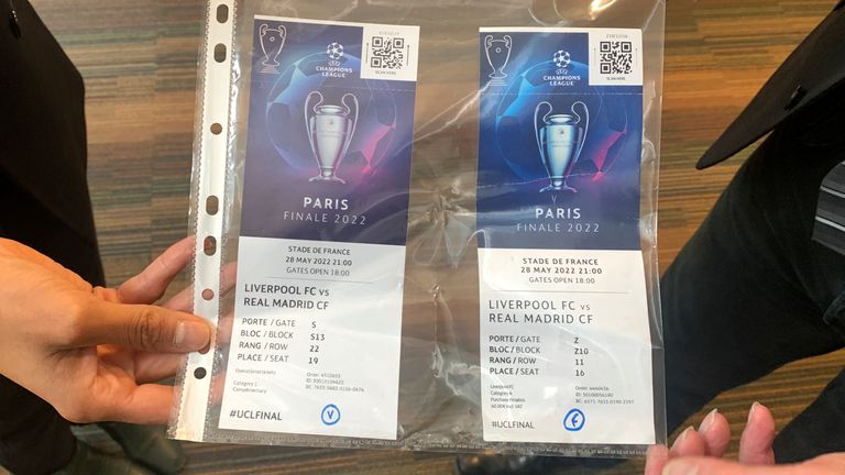 A real, left, and a fake ticket for the Champions League final. Pic: AP