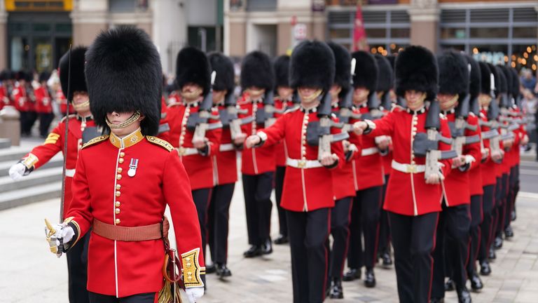 The Coldstream Guards march at the National Service of Thanksgiving at St Paul&#39;s Cathedral, London, on day two of the Platinum Jubilee celebrations for Queen Elizabeth II. Picture date: Friday June 3, 2022.