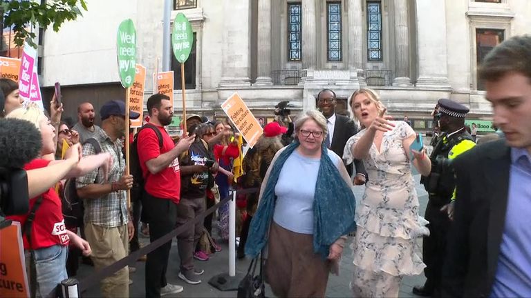 Cabinet members including Business Secretary Kwasi Kwarteng and Work and Pensions Secretary Therese Coffey were jeered by a group of protesters. Pool clip