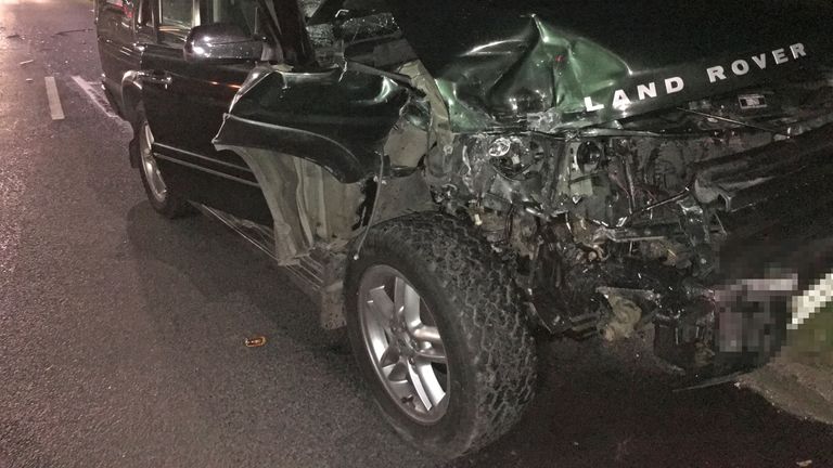 This Land Rover was badly damaged in a &#39;crash for cash&#39; incident on the A1. Pic: LV=