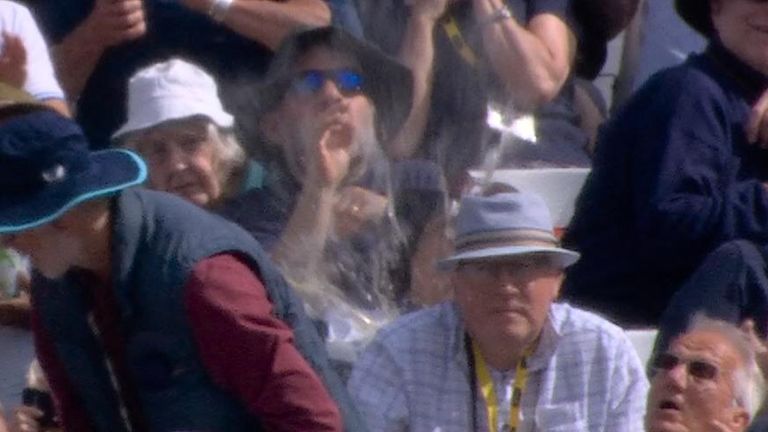 A ball at the England v New Zealand cricket game landed in a spectator&#39;s drink. Pic: Sky Sports