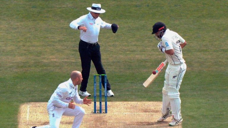 A bizarre incident in the England v New Zealand test match saw the ball hit both bats before being caught. Pic: Sky Sports
