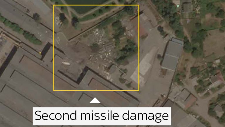 The second missile damaged part of a warehouse and completely destroyed a number of smaller structures.