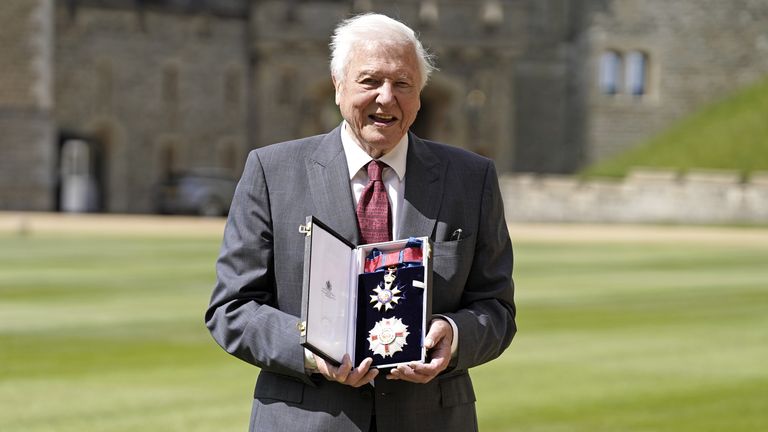 Sir David Attenborough after being appointed a Knight Grand Cross of the Order of St Michael and St George following an investiture ceremony at Windsor Castle. Picture date: Wednesday June 8, 2022.

