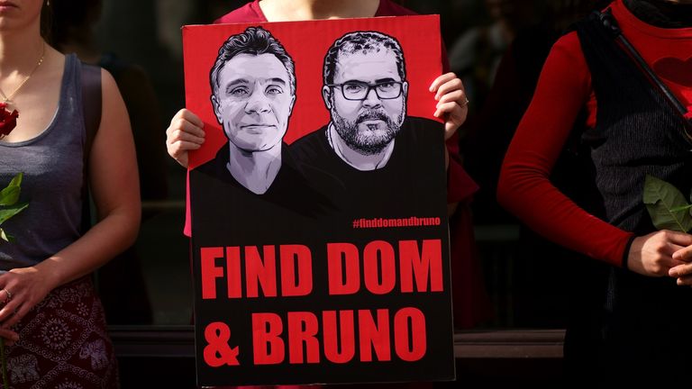 Supporters at a vigil outside the Brazilian embassy in London for Dom Phillips and Bruno Araujo Pereira