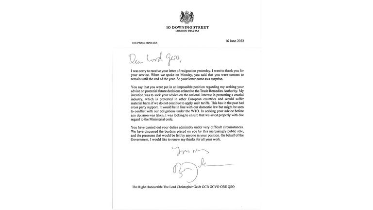 Downing Street handout photo of the resignation letter by Boris Johnson to Lord Christopher Geidt who has stepped down from his position as the Prime Minister&#39;s adviser on ministers&#39; interests. Issue date: Thursday June 16, 2022.