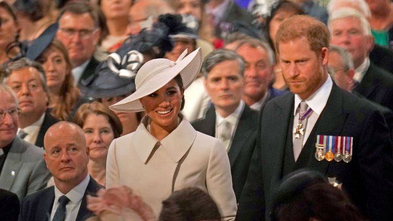 The Duke and Duchess of Sussex and Lady Sarah Chatto attending the National Service of Thanksgiving at St Paul's Cathedral, London, on day two of the Platinum Jubilee celebrations for Queen Elizabeth II. Picture date: Friday June 3, 2022.
